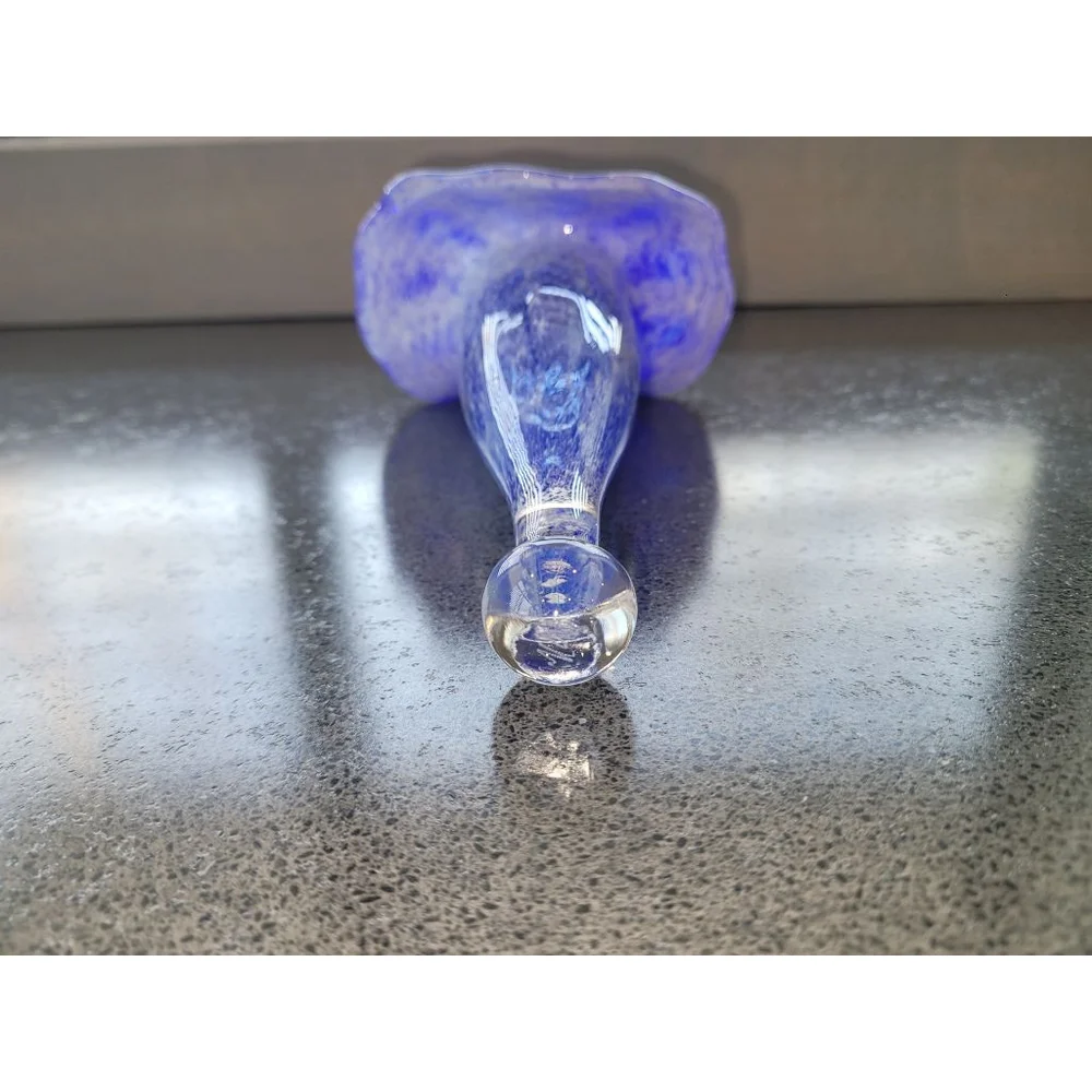 Signed Studio Art Glass Cobalt Blue Trumpet Vase White Splatter 9in